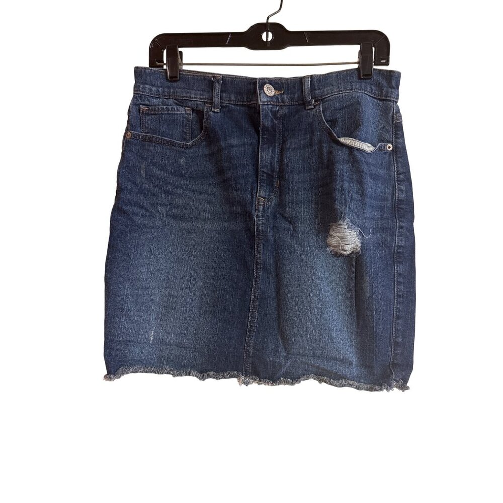 Express Womens Denim Skirt Size 10 With Distressed Look & Frayed Hem